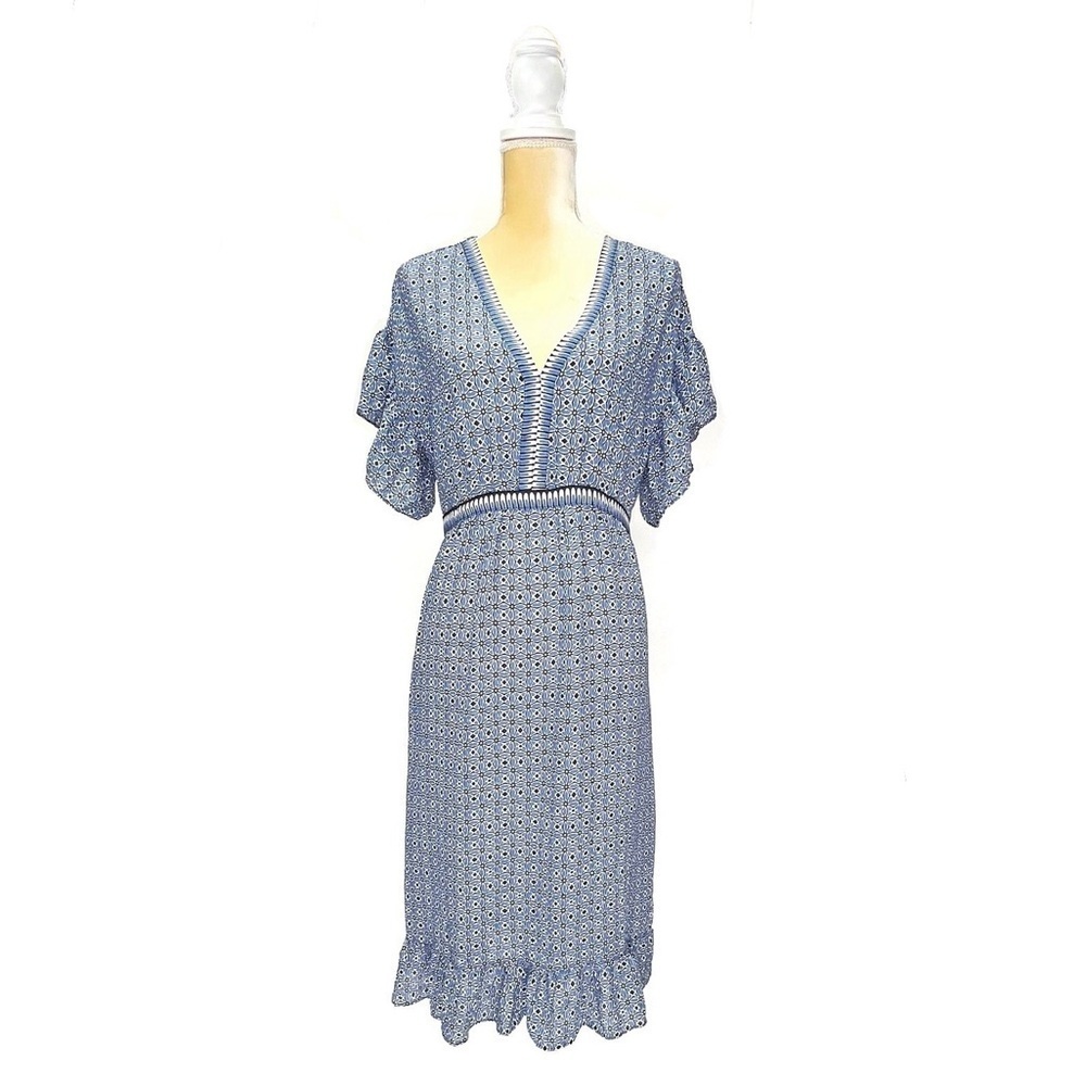Max Studio Midi Dress Size Medium Blue Black White Flutter Sleeve V-Neck New NWT